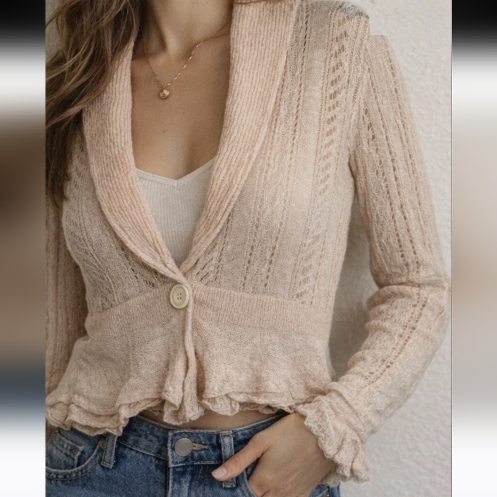 Lauren Ralph Lauren Peach Open Knit 100% Linen Ruffle Cardigan Sweater Size XL